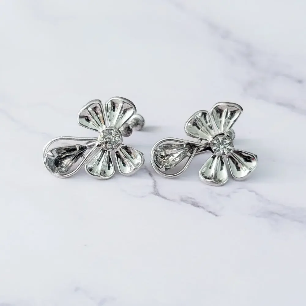 Vintage Screw On Earrings Unusual Silver Tone with Gems 1